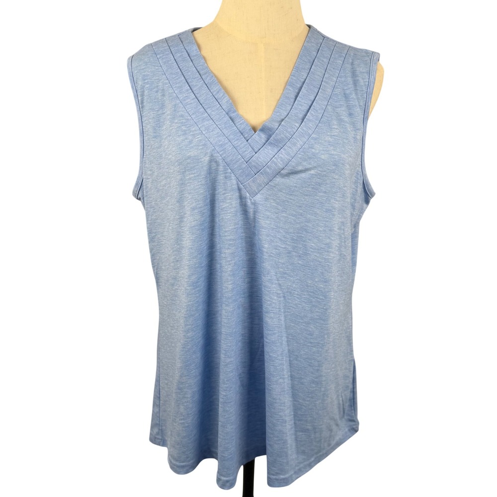 Womens XL Sleeveless V Neck Pintuck Pleated Tank Top Blue Cottagecore Coastal
